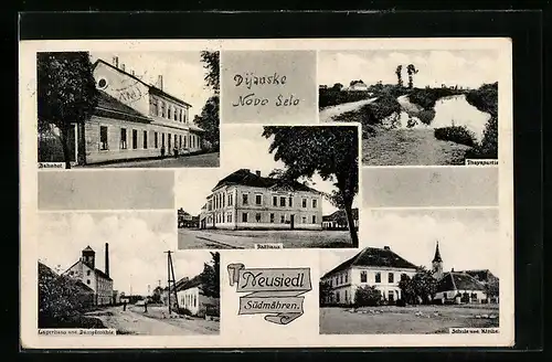 AK Neusiedl, Nadrazi, Skola, Kostel, Thaya, Lagerhaus und Dampfmühle