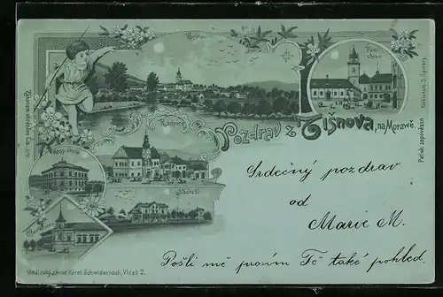 Lithographie Tisnov, Hosp. skola, Fami chram, Nadrazi, Radnice, Panorama