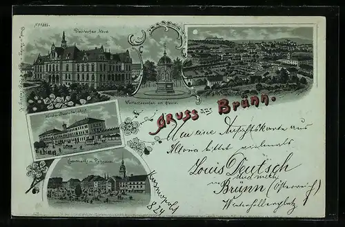 Lithographie Brünn / Brno, Nord- u. Staatsbahnhof, Deutsches Haus, Krautmarkt mit Rathaus