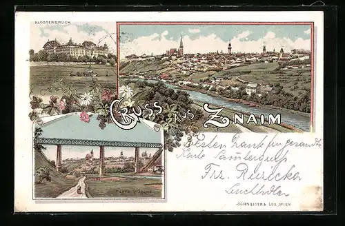Lithographie Znaim, Klosterbruck, Thaya Viaduct, Ortsansicht aus der Vogelschau