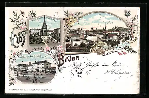 Lithographie Brünn / Brno, Panorama, Protest. Kirche u. Elisabethplatz, Staats- u. K. F. Nord-Bahnhof