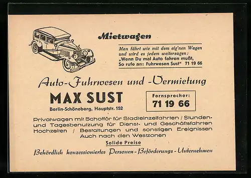 AK Berlin-Schöneberg, Auto-Fuhrwesen und -Vermietung Max Sust in der Hauptstrasse 152