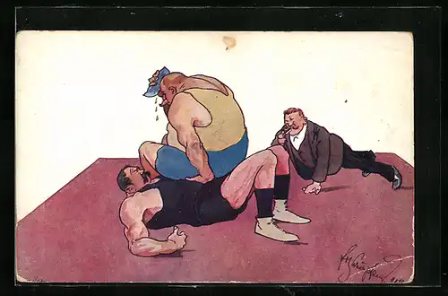 Künstler-AK Fritz Schönpflug: In der Brücke, Männer beim Ringen