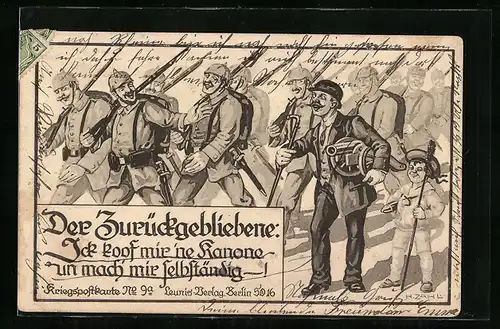 Künstler-AK H. Zahl: Der Zurückgebliebene, Ick koof mir `ne Kanone und mach` ir selbstständig!