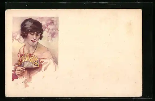 Künstler-AK Terzi: Schöne Dame mit Fächer und roter Perlenkette