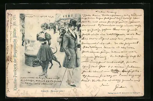 Künstler-AK Meggendorfer Blätter Nr. 511: Reizender Käfer, Frau schaut Herren hinterher