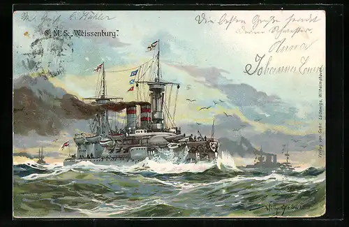 Künstler-AK Willy Stoewer: Kriegsschiff SMS Weissenburg auf hoher See