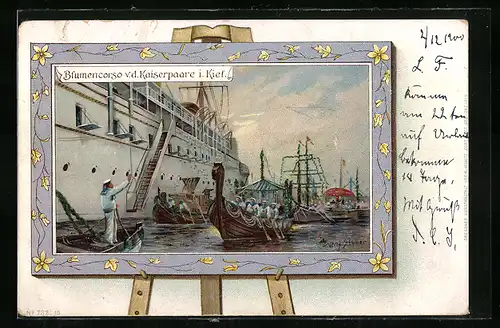 Lithographie Kiel, Blumencorso v. d. Kaiserpaare auf der Staffelei