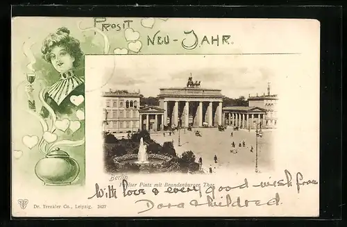 AK Berlin, Pariser Platz mit Brandenburger Thor, Frau mit Sekt, Jugendstil