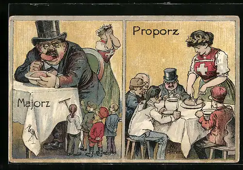 Künstler-AK Majorz und Proporz, Für Proporz & Wahlgerechtigkeit 1910, Arbeiterbewegung