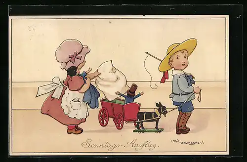 Künstler-AK Fritz Baumgarten: Spielende Kinder mit Spielzeug und Puppe