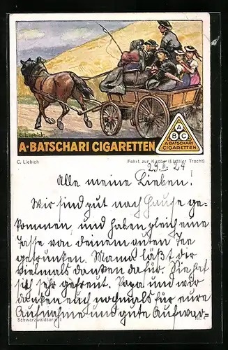 Künstler-AK Curt Liebich: Pferdekutsche auf der Fahrt zur Kirche, A. Batschari Cigaretten Gruppe