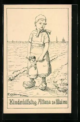 AK Hamburg-Altona, Kinderhilfstag 24. Mai 1911, Kinderfürsorge, Mädchen mit Holzschuhen und Puppe