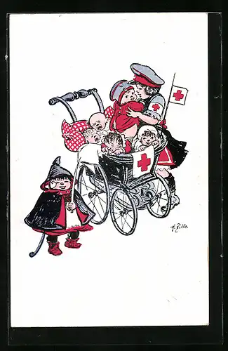 Künstler-AK Heinrich Zille: Mädchen bettet Kinder in einen Kinderwagen, Rotes Kreuz
