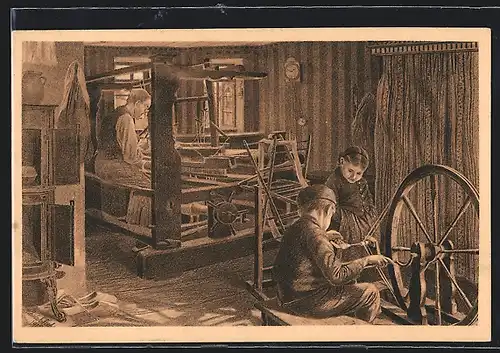 Künstler-AK Blick in eine hessische Weberstube