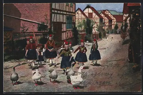 AK Kleine Kinder in hessischen Trachten spielen mit Gänsen