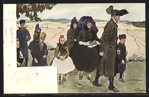 AK Menschen auf dem Weg zur Kirche, hessische Tracht