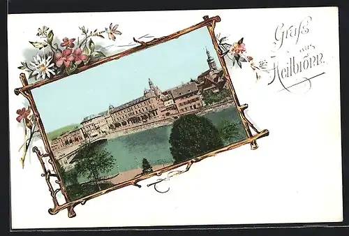 AK Heilbronn, Ortspartie mit Brücke am Wasser