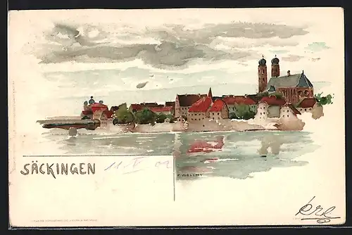 Lithographie Säckingen, Ortsansicht vom Wasser aus