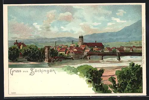 Lithographie Säckingen, Gesamtansicht mit Fluss und Brücke