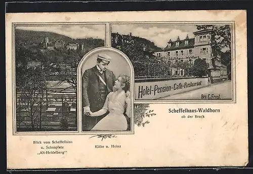 AK Heidelberg, Scheffelhaus-Waldhorn ob der Bruck, Käthe und Heinz & Schauplatz Alt-Heidelberg