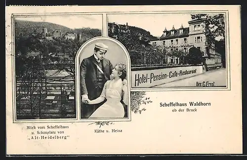 AK Heidelberg, Scheffelhaus-Waldhorn ob der Bruck, Käthe und Heinz & Schauplatz Alt-Heidelberg