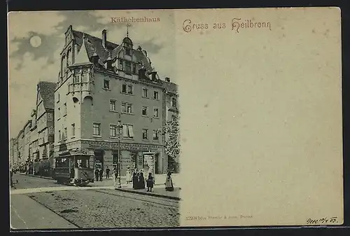 Mondschein-AK Heilbronn, Strassenbahn vor dem Käthchenhaus