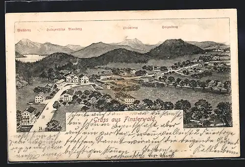 AK Finsterwald, Ortsansicht mit Hirschberg und Blauberg