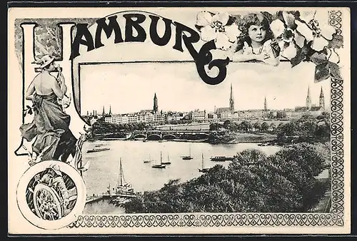 AK Hamburg, Ortsansicht mit Brücke und Dampfer