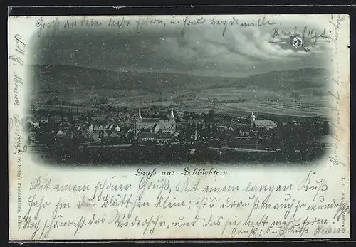 Mondschein-AK Schlüchtern, Ortsansicht mit Kirche bei Vollmond