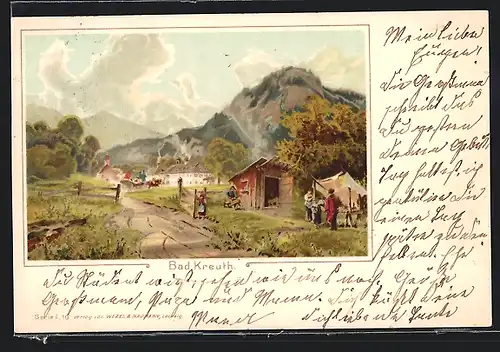 Lithographie Bad Kreuth, Partie am Bauernhaus mit Gebirge im Hintergrund