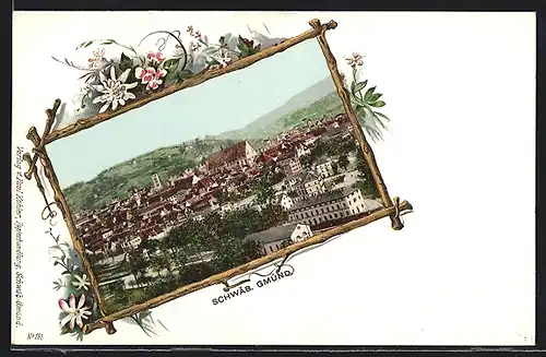 Lithographie Schwäb. Gmünd, Ortsansicht im Passepartoutrahmen