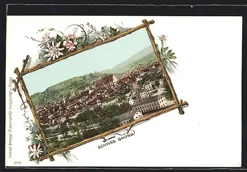 Lithographie Schwäb. Gmünd, Ortsansicht im Passepartoutrahmen
