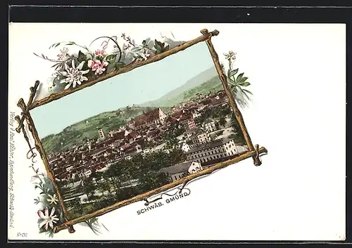 Lithographie Schwäb. Gmünd, Ortsansicht im Passepartoutrahmen