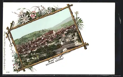 Lithographie Schwäb. Gmünd, Ortsansicht im Passepartoutrahmen