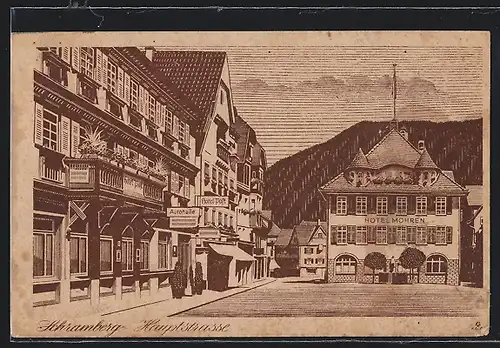 AK Schramberg, Hauptstrasse mit Hotel Mohren und Hotel Post