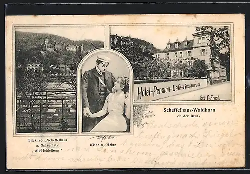AK Heidelberg, Scheffelhaus-Waldhorn ob der Bruck, Käthe und Heinz & Schauplatz Alt-Heidelberg