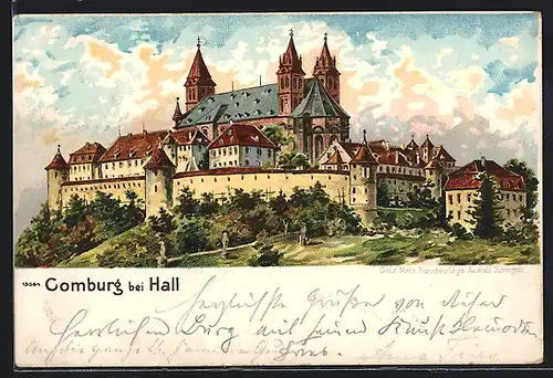 Lithographie Comburg bei Hall, Blick auf die Festung mit Kirche