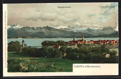 Künstler-AK Lindau im Bodensee, Teilansicht mit Scesaplana und 3 Schwestern