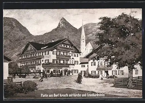 Künstler-AK Dorf Kreuth, Partie aus dem Dorf mit Kirche und Leonhardstein