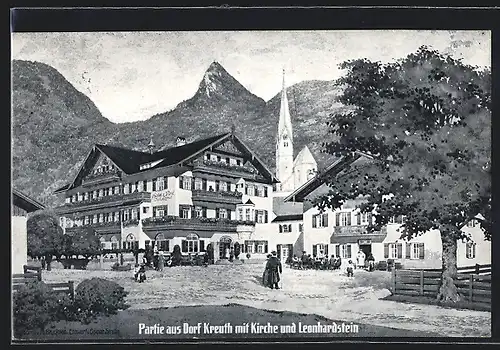 AK Kreuth, Dorfpartie mit Kirche und Leonhardstein
