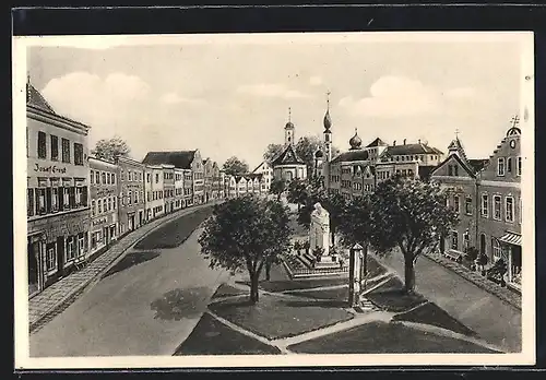 AK Tüssling /Obb., Strassenpartie mit Geschäften, Kirche und Denkmal