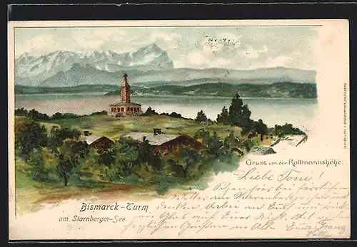 Künstler-AK Berg, Blick von der Rottmannshöhe zum Bismarck-Denkmal