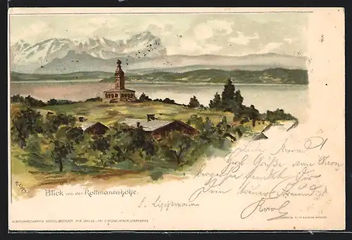 Künstler-AK Berg, Blick von der Rottmannshöhe zum Bismarck-Denkmal