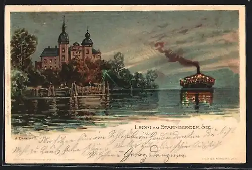 Künstler-AK H. Deuchert: Leoni, beleuchteter Dampfer auf dem Starnberger See