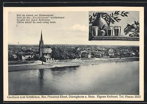 AK Dörnigheim a. Main, Gasthaus zum Schiffchen, Weinkrug mit Gläsern, Uferpartie mit Kirche