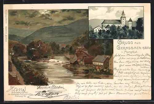 Lithographie Gernsbach i. Murgthal, Ortspartie, Kirche