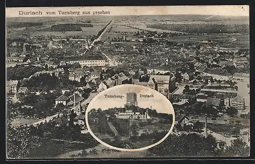 AK Durlach, Turmberg mit Gasthof, Teilansicht der Ortschaft