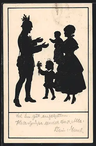 AK Soldat wird in der Heimat von seiner Familie begrüsst, Schattenbild