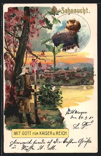 AK Soldatenliebe, Sehnsuchtsvoll denkt ein Soldat an das Weib in der Heimat